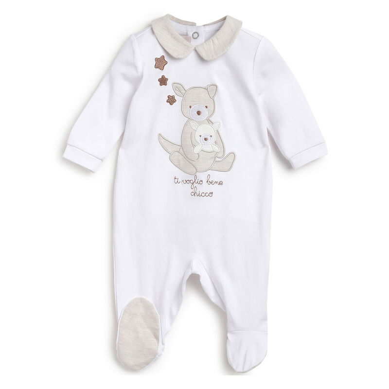 Boys White Applique Nappy Opening Babysuit image number 0